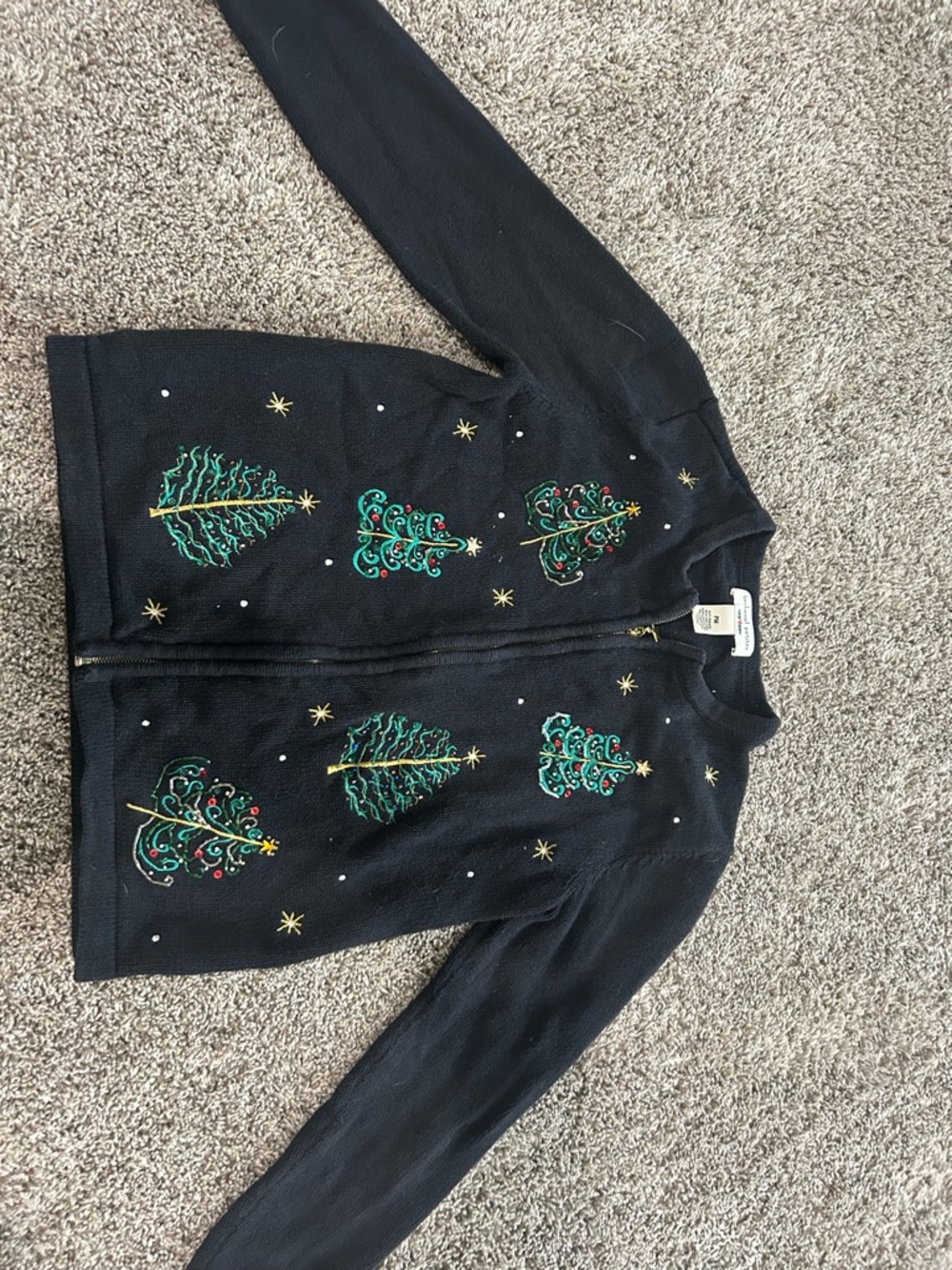 Bechamel Black Embroidered Holiday Cardigan with Green & Gold Trees